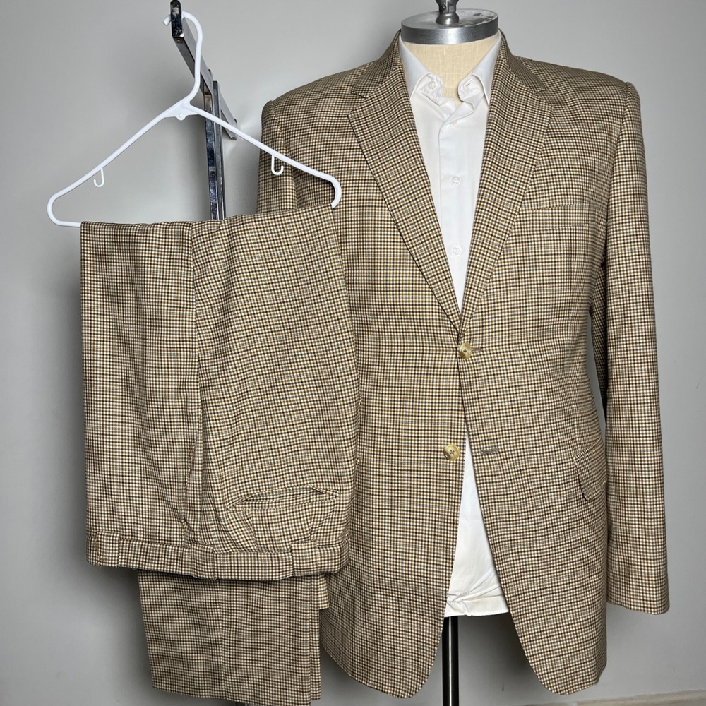 Michael's Custom Suit Mens 44L 37x32 Tan Brown Check‎ Wool 2-Button Double Vent